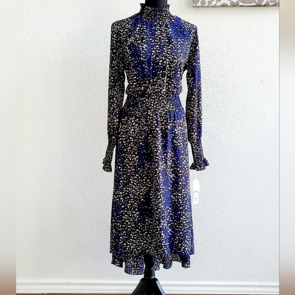 Nanette Lepore Navy&Beige Print Smocked Mock Neck Long Sleeve Dress - Picture 1 of 2